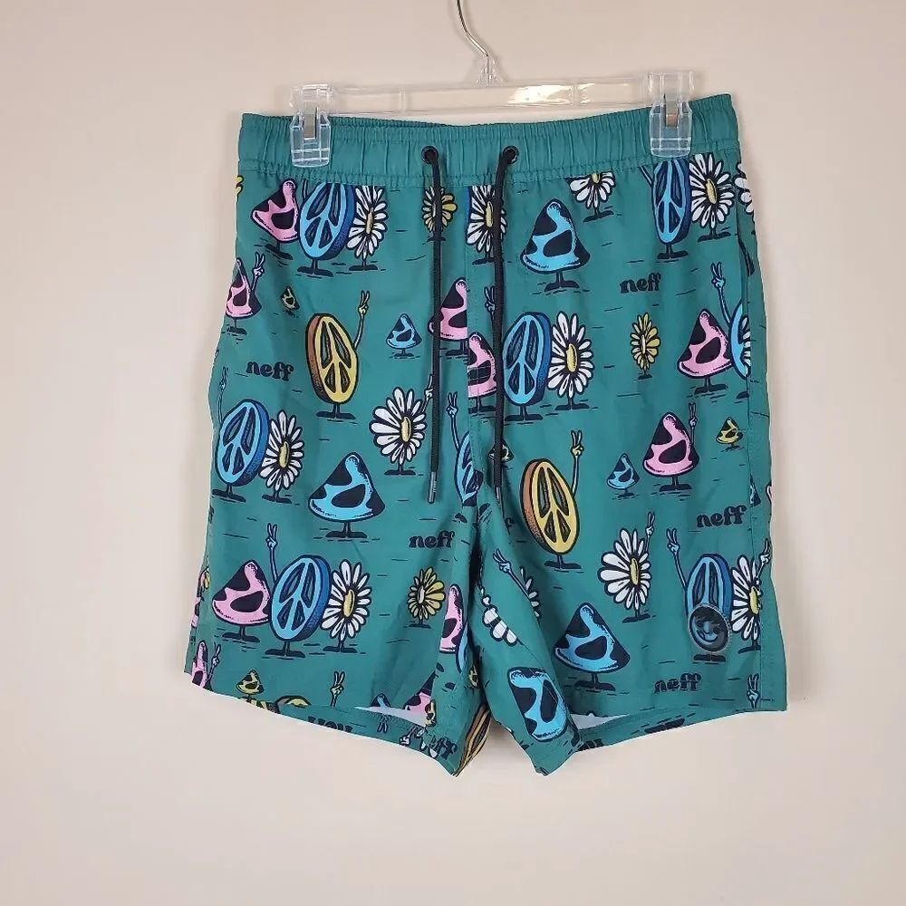 Neff Green Peace Mushroom Print Swim Trunks Size medium